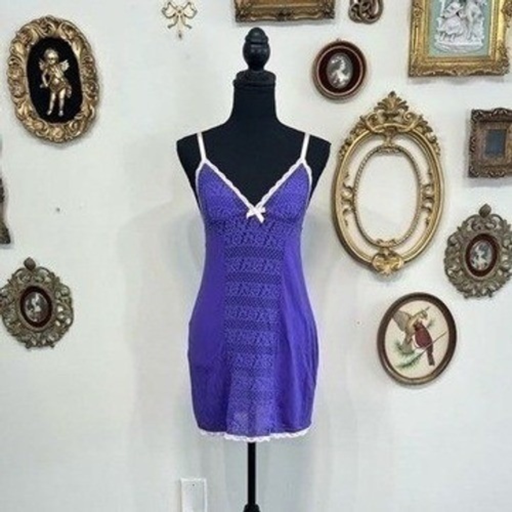 Victoria's Secret Purple Lace Trim Chemise Slip Dress Large V-Neck Bow Accent